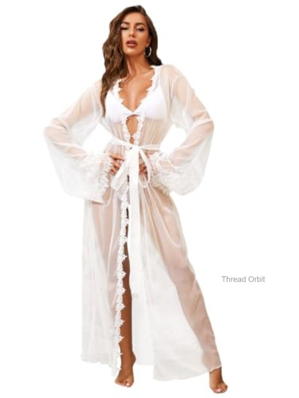 Long Lace Kimono Robe Mesh Chemise Sheer Sleepwear Cover Up